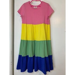 Hanna Andersson Kids Pink Yellow Green Blue Tiered Colorblock Cotton Dress 130